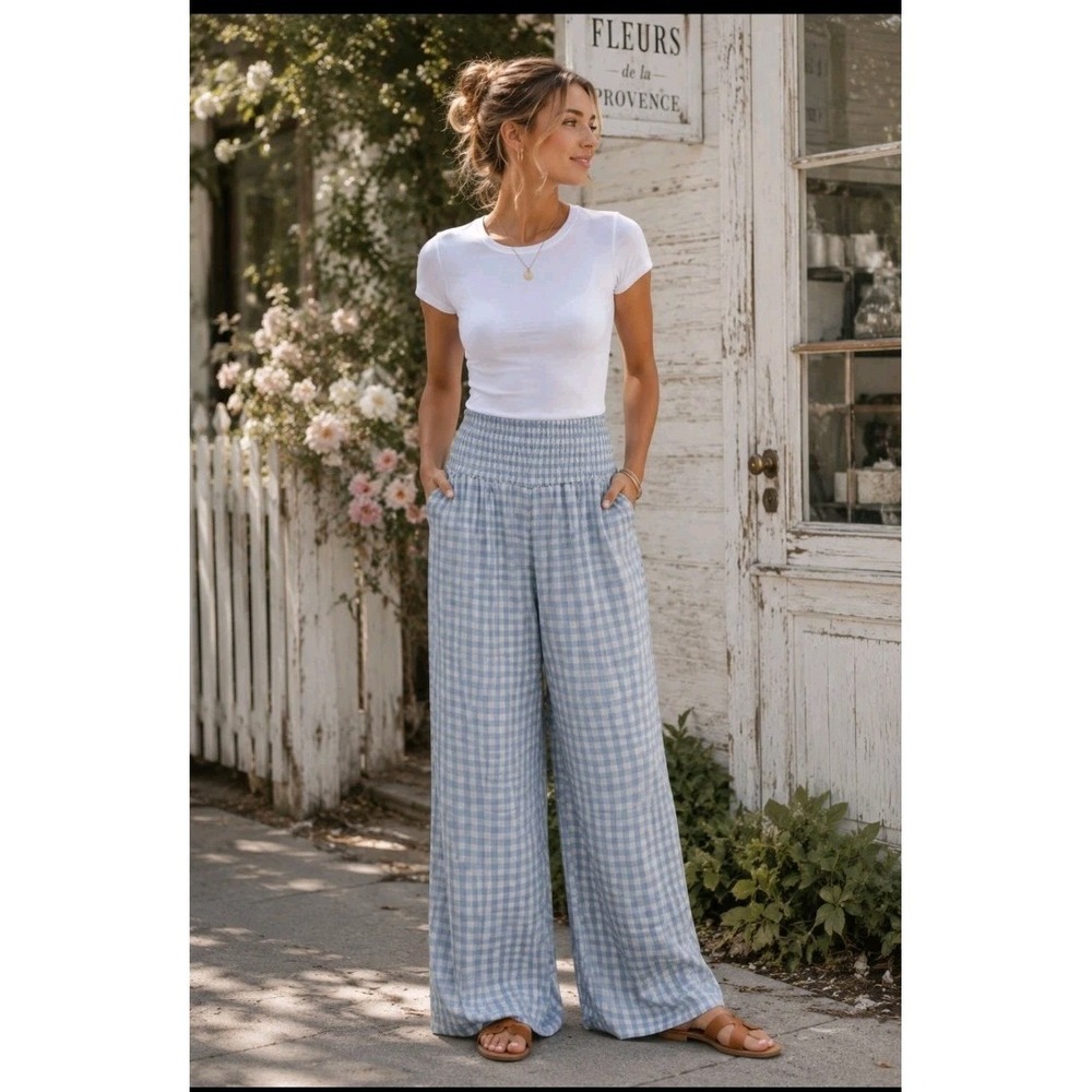 Anthropologie Kimichi Blue Wide Leg Checkered Linen Blend Pants ‎ Cottagecore S